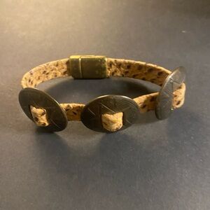 Cork and Antique Brass Button Bracelet - Natural Tan